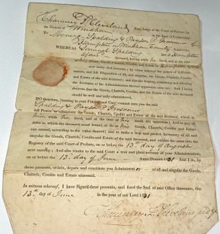 Rare American Probate Document,  Signed 14th Governor Of Ct Chauncey Cleveland