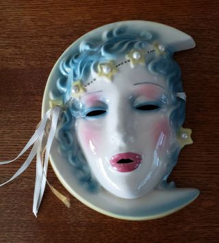 Vintage Clay Art Ceramic Mask Lady In The Moon With Pearls Rare 9 " X7 " X3 "