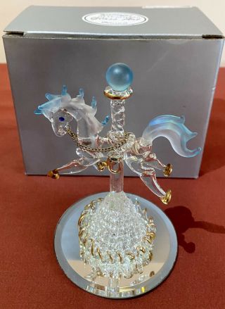 Vintage Hand Crafted Glass Art Blue & Gold Glass Carousel Horse Rare Design.