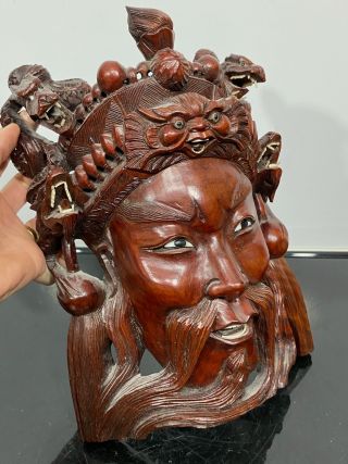 Vtg Rare Chinese Carved Wood Emperor Mask Art Statue Sculpture 10”