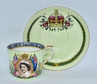 Rare Aynsley Queen Elizabeth Ii Coronation Tea Cup & Saucer - Green