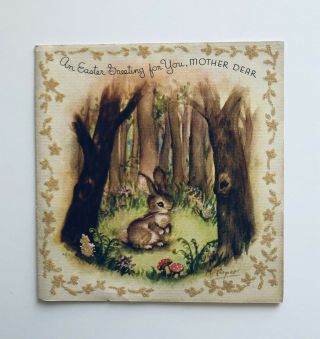 Rare Vintage Marjorie Cooper Rust Craft Easter Card Bunny Forest Tree Mushroom