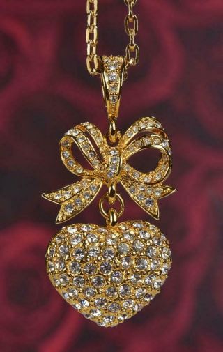 Rare Joan Rivers Gold W Crystal Bow Heart Pendant Necklace