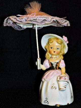 Rare Vintage Japan Pink Girl Angel W Lace Parasol Umbrella Gold Trim Figurine