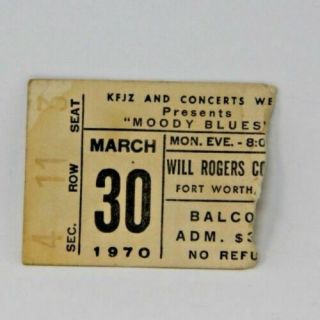 The Moody Blues March 30th 1970 Concert Ticket Stub Fort Worth Texas Rare