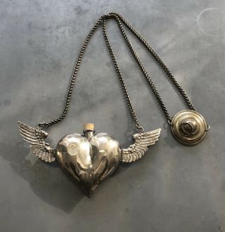 Rare Antique Silver Plate Hanging Figural Winged Heart Religious Church Vessel