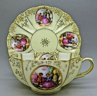 Lefton Rare Courting Couple Jeweled Gold Cup & Saucer Estate
