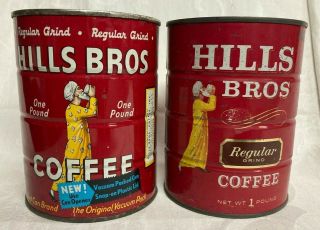 2 Vintage Hills Bros Coffee Rustic Tin Can 1 Pound Red Can Brand - Rare -