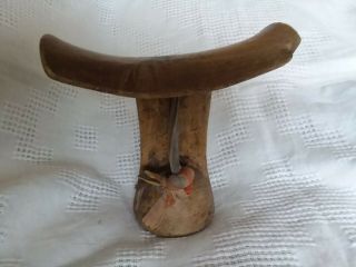 Rare Antique Carved Wooden African Head Rest Stand With Old Fabric Handle Euc