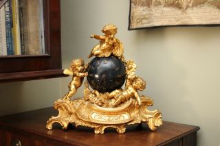 A Magnificent C19th Gilt Metal Cherub And Orb Clock,  French,  Japy Freres C1860