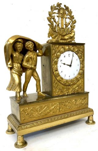 Antique French Miniature Gilt Bronze Ormolu Mantel Clock With Two Figures