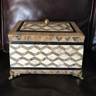 Large Vintage Maitland Smith Tessellated Marble Box Wood Interior Brass Feet