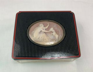 Antique French Glass Box W/ Painting In Medallion On Silver Lid,  Woman & Goat