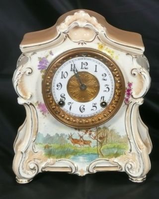 Ansonia La Fontaine Royal Bonn Porcelain Mantel Clock,  Circa 1904