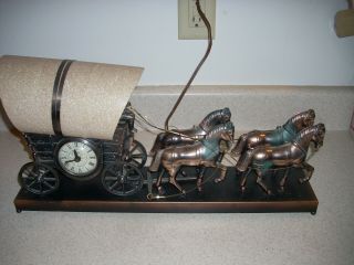 Vtg 1950s Copper Clysedale Horse Drawn Covered Wagon Lamp Clock 3099