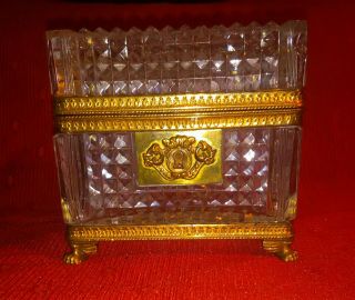 Antique French Cut Crystal Footed Jewelry Casket Box Gilt Bronze 19th Century
