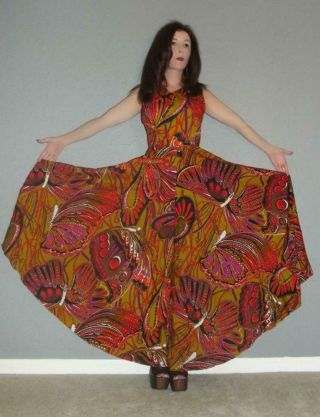 Xs S Vtg 60s 70s Alice Polynesian Paisley Butterfly Wide Leg Palazzo Jumpsuit