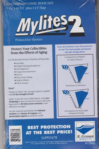 50 E.  Gerber Mylites 2 Mil Mylar Thick Standard Comic Book Bags Sleeves 725 M2