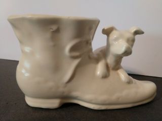 Vintage Shawnee Cream Ceramic Dog Sitting Victorian Boot/shoe Planter Usa