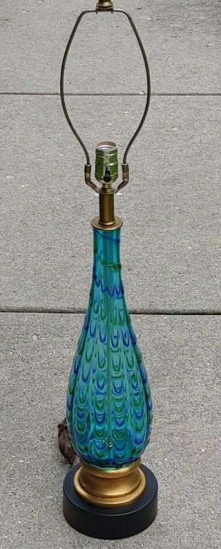 Vintage Murano Glass Lamp W Green & Blue Ribbin Swirl Mid Century Modern Italy