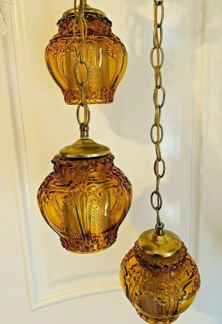 Vintage 3 Tier Amber Glass Globe Hanging Swag Lamp Light Fixture