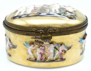 Antique 19th Century Gold Gilt Oval Capodimonte Jewelry Trinket Box Cherub Angel