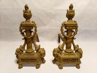 Pair Antique/vtg Ornate Brass Colored Column & Vine Fireplace Andirons