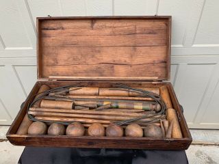 Vintage Circa 1800’s Wood Box Croquet Complete Set Balls Mallets Stakes Wickets
