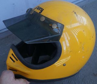 Vintage Fury Motorcycle Mx Motocross Helmet Full Face Yellow & Visor 1981 Rare
