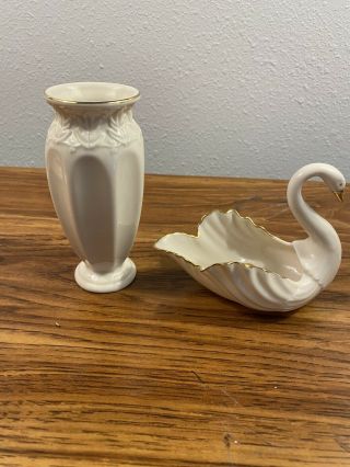Vintage Lenox Porcelain Tea Rose Bud Vase And Swan Trinket Or Soap Dish