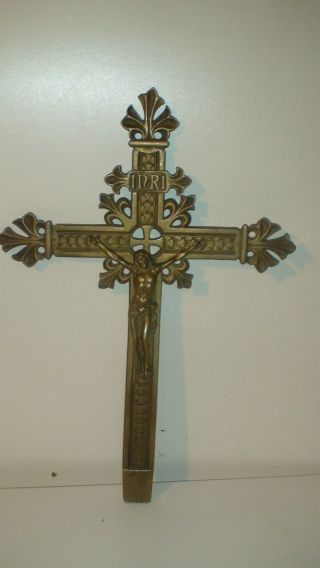 Antique Large French Bronze Inri Crucifix Cross C.  1830,  S Hand Cut Nut 17 " ×12 "