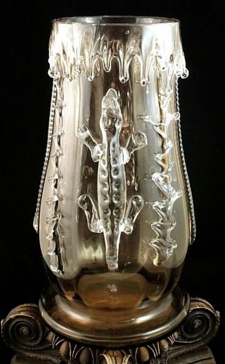 12 " Antique Victorian Bohemian Harrach Amber Art Glass Vase W Applied Lizard