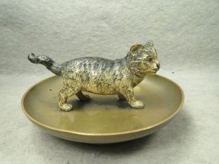 Vintage Vienna Bronze Cat Walking,  On A Brass Tray