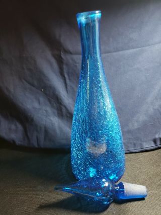 Vintage Blenko 920 - M Blue Crackle Glass Decanter w/ Stopper 2