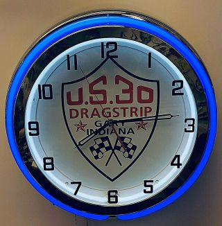 19 " Us30 Dragstrip Gary Indiana Sign Double Neon Clock Blue Neon Us 30 Dragway
