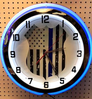 18 " Thin Blue Line Police Officers Sign Double Neon Clock