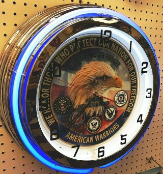 18 " American Warriors Sign Neon Clock Marines Army Navy Air Force Coast Guard