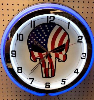 18 " American Punisher Red White & Blue Sign Double Neon Clock