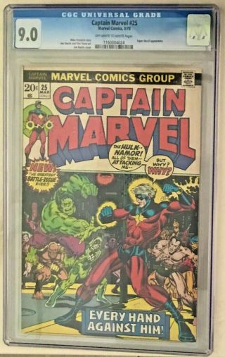 1973 Captain Marvel 25 White Pages Comic Book Near 9.  0 Cgc