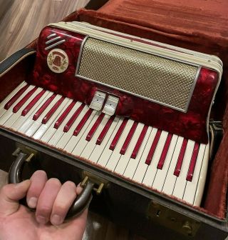 Vintage Valanti Italian Accordion 41 Key W/ Case Red Mother Of Pearl 40 
