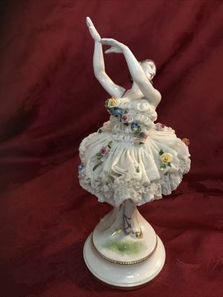 Antique Muller Volkstedt Ballerina Dancer Figurine Dresden Porcelain Lace 9.  5” 2
