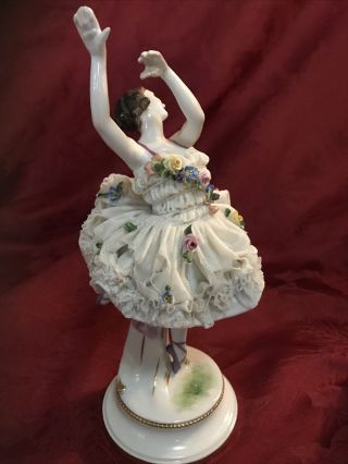 Antique Muller Volkstedt Ballerina Dancer Figurine Dresden Porcelain Lace 9.  5” 3