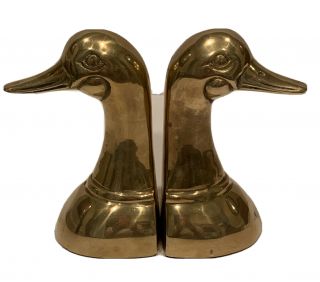Vintage Solid Brass Duck Mallard Head Bookends Leonard Silver Mfg Co Korea