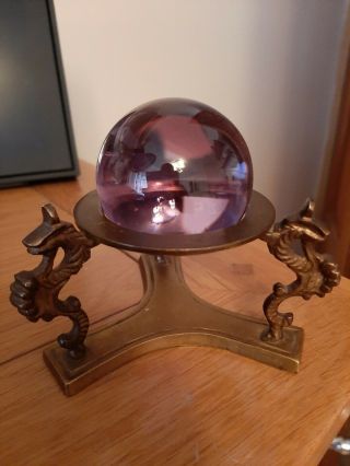 Vintage Small Gazing Ball On Brass Dragon Brass Stand Amerthyst Coloured Ball