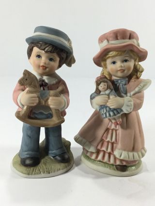 Vintage Homco Victorian Boy And Girl Figurines With Toy Horse And Doll 1419
