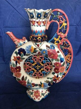Fine Large Antique Zsolnay Pecs Pottery Reticulated Ewer.