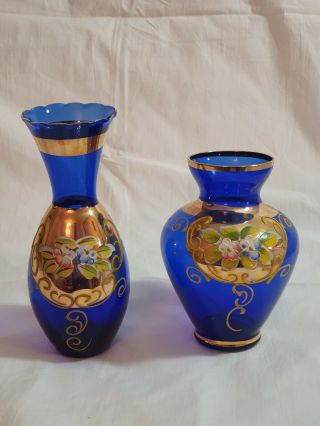 Vintage Nasco Cobalt Blue Glass Hand Painted Bohemian Style Bud Vases Japan