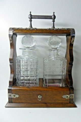 Antique Oak Tantalus 2 Cut Glass Bottle Decanters Silver Plate Handle Fittings