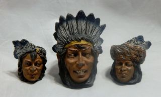 Antique Indian Head Cast Metal Smoking Set Match Holder,  Ashtray Tobacco Jar