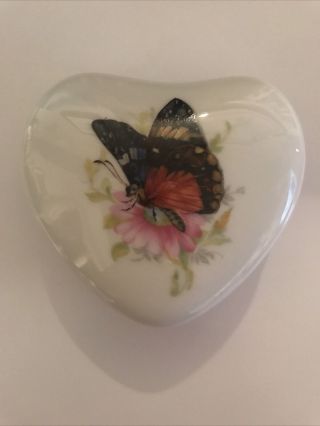 Vint Limoges France Porcelain Butterfly Trinket Box.  Heart Shaped.  3”x3”.